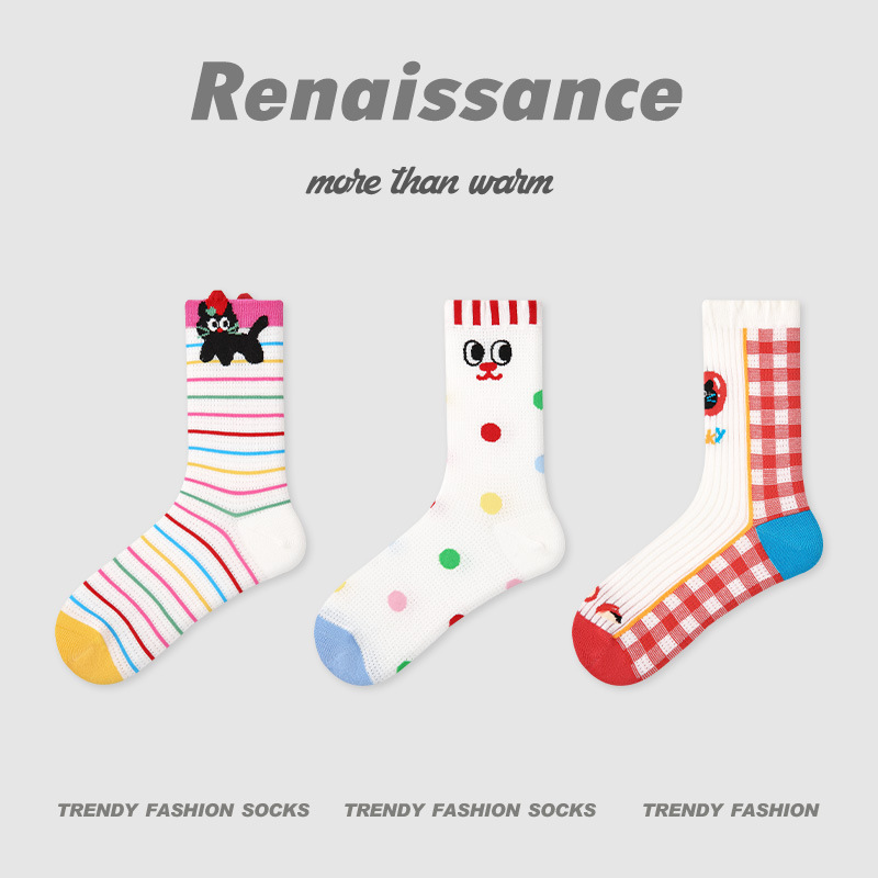 长条立体小狗动物中筒袜少女条纹拼色网眼透气女袜子