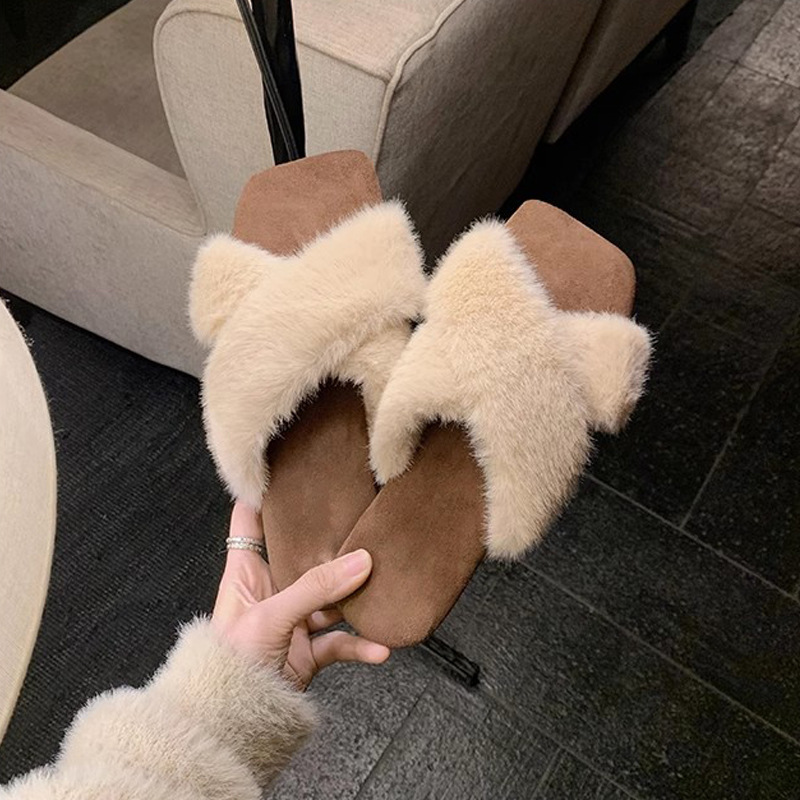 葡萄妈秋冬新款气质方头交叉带懒人百搭豹纹平底毛毛鞋女棉拖鞋