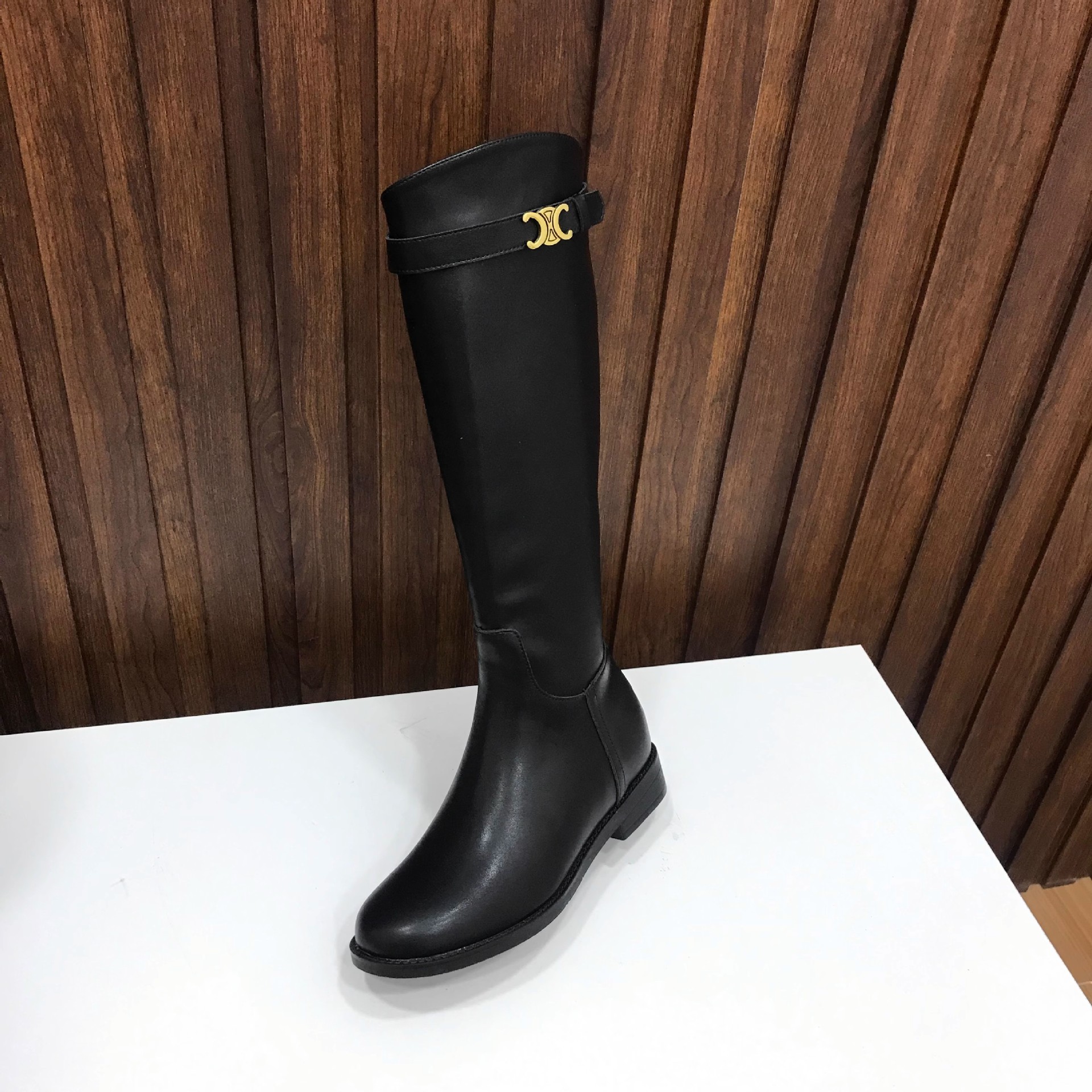 PANDA EYES时尚百搭新款牛皮斜口凯旋门扣带粗跟高筒骑士靴女秋冬