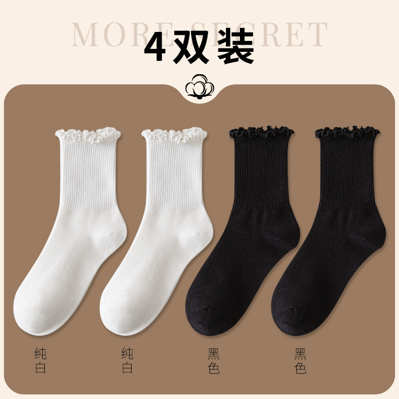 白色木耳边堆堆袜春秋薄款日系jk袜子女洛丽塔玛丽珍鞋花边中筒袜