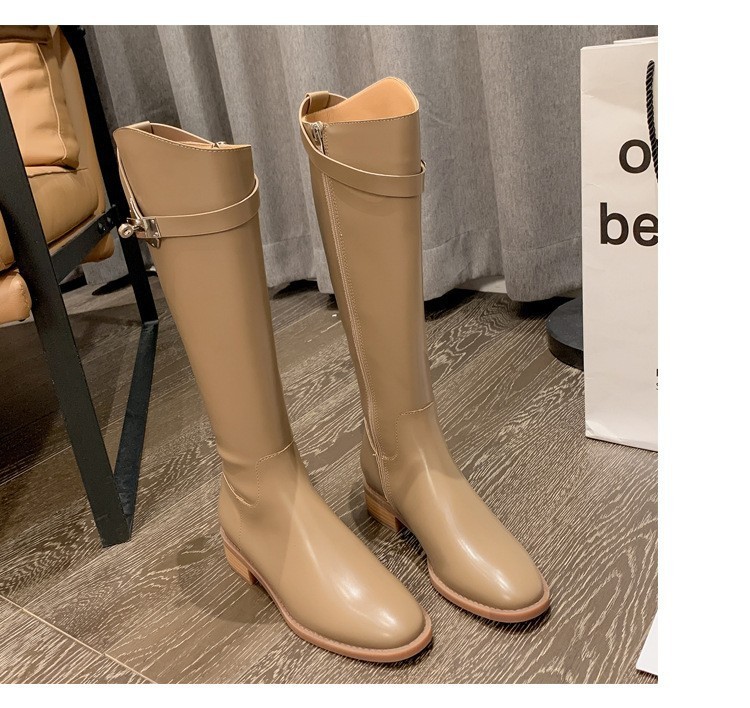 PANDA EYES 葡萄妈同款爱马仕同款秋冬新款尖头小粗跟骑士靴中高筒长女靴