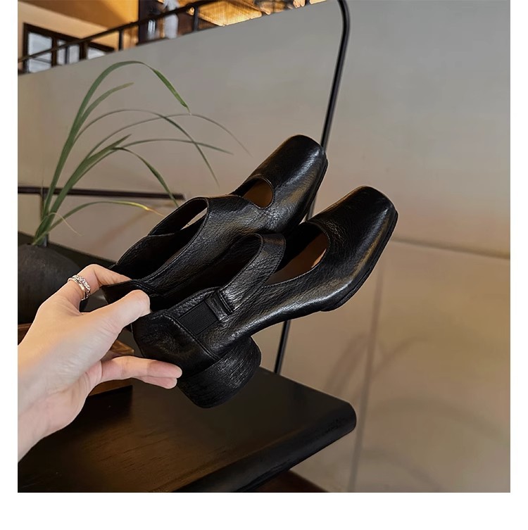 现货秒发！葡萄妈同款鞋高阶质感马皮方头粗跟软面高跟芭蕾单鞋女