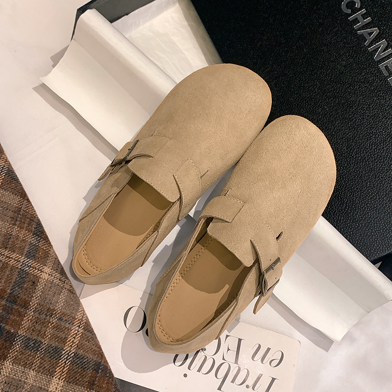 羊皮版 葡萄妈秋季新款毛毡平底大圆头勃肯鞋包头平底女单鞋真皮