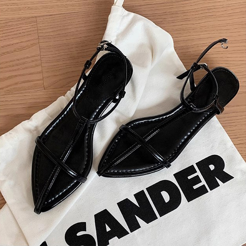 葡萄妈夏季新款气质坡跟尖头个性高跟鞋一字细带露趾搭扣凉鞋女