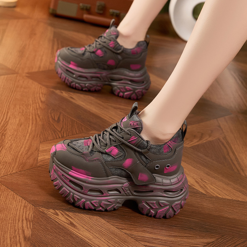 新款厚底老爹鞋女秋冬新款擦色做旧复古休闲鞋时尚百搭内增高女鞋