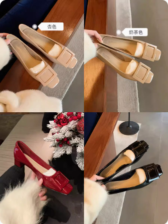 葡萄妈同款~经典方扣通勤粗跟温柔风方头优雅气质高跟女单鞋春