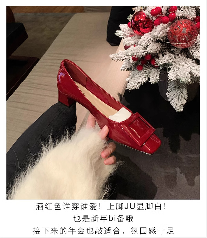 葡萄妈同款~经典方扣通勤粗跟温柔风方头优雅气质高跟女单鞋春