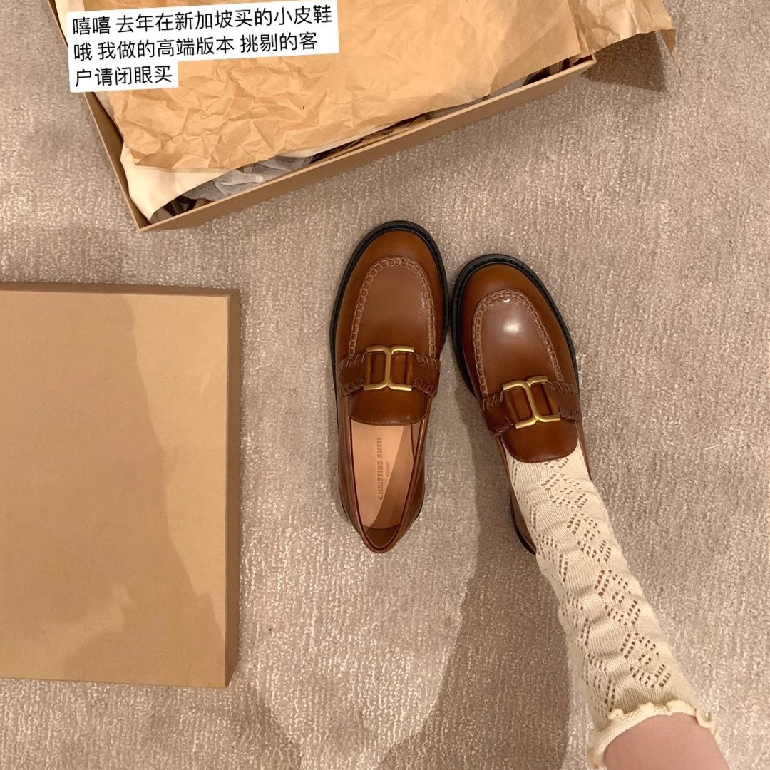 苏茵茵同款鞋英伦复古金扣牛皮懒人乐福单鞋女小皮鞋秋