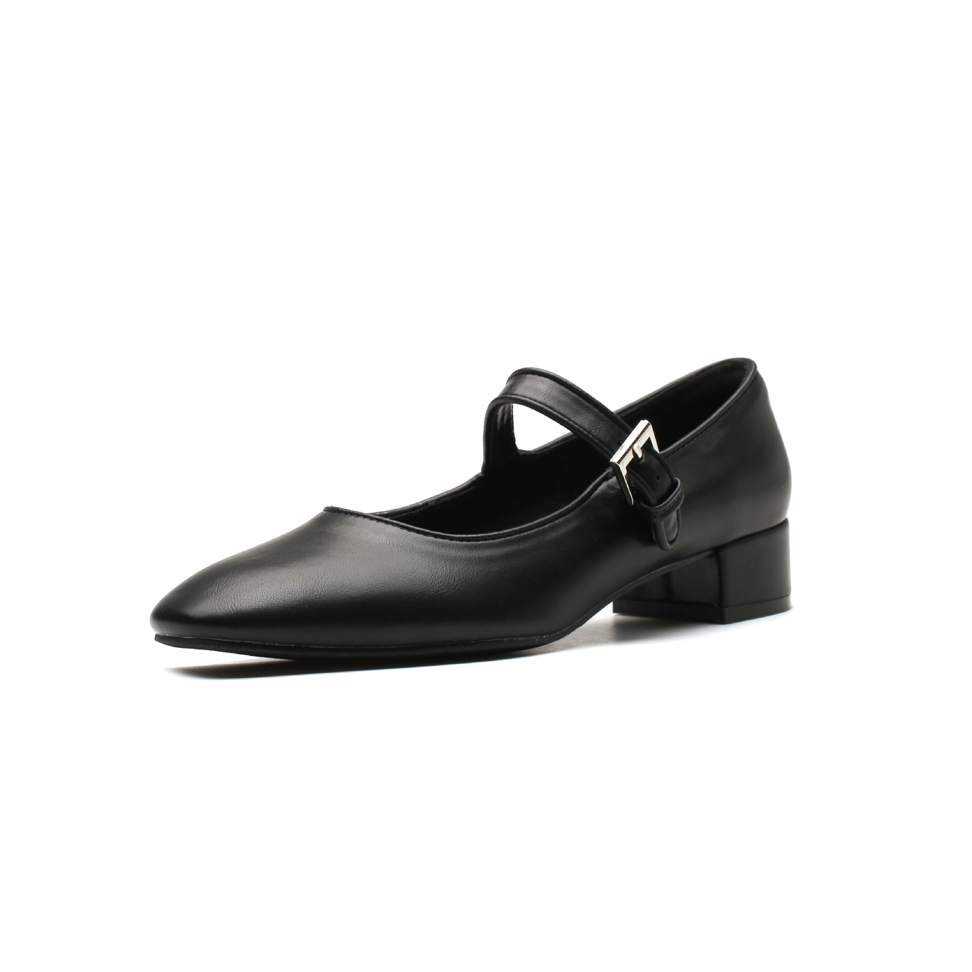 2024春季新款银色小方头一字带浅口平底单鞋简约软皮玛丽珍单鞋女