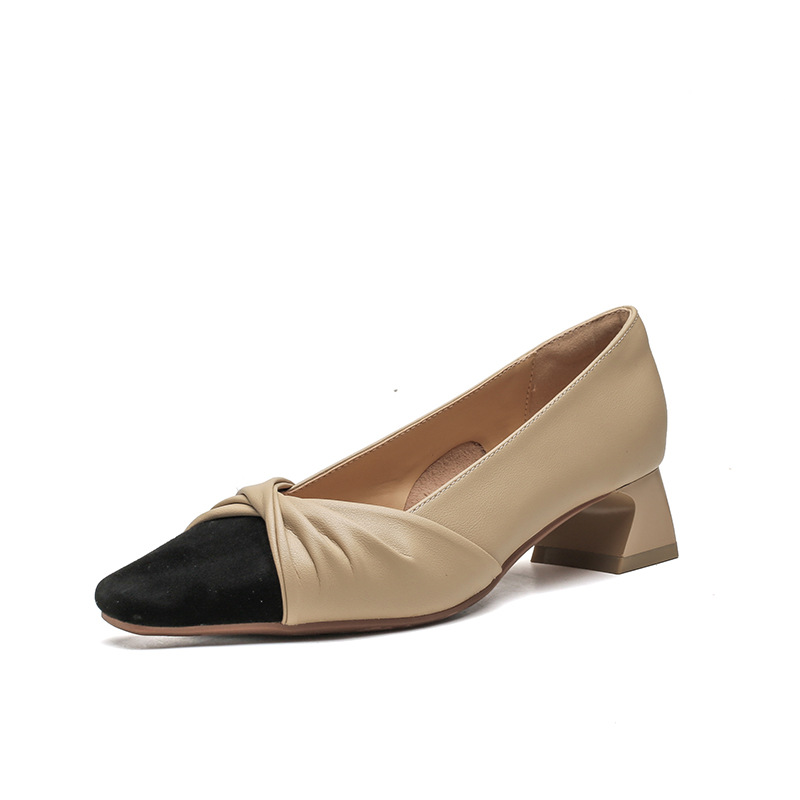 苏茵茵款羊皮版~复古方头粗跟浅口羊皮晚风温柔法式高跟鞋小香风单鞋女春