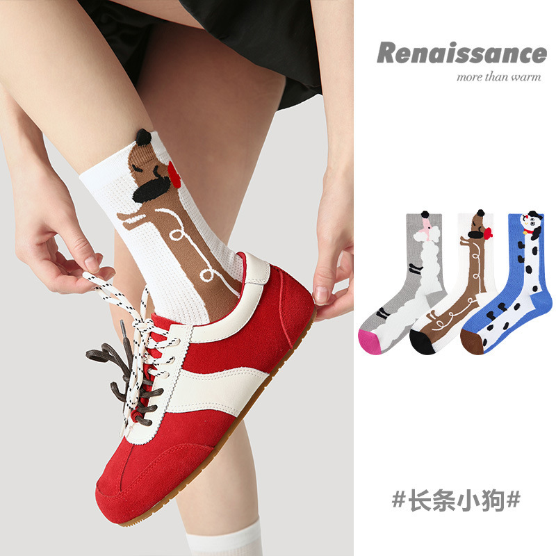 长条立体小狗动物中筒袜少女条纹拼色网眼透气女袜子