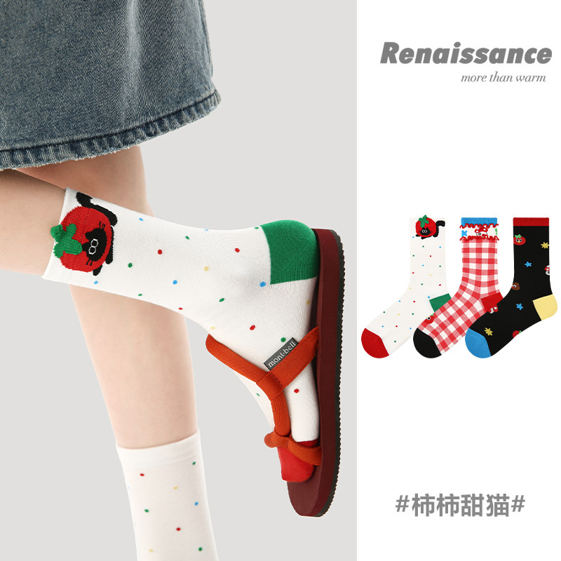 原创女袜春夏季柿柿甜猫中筒袜花边无骨精梳棉袜子女