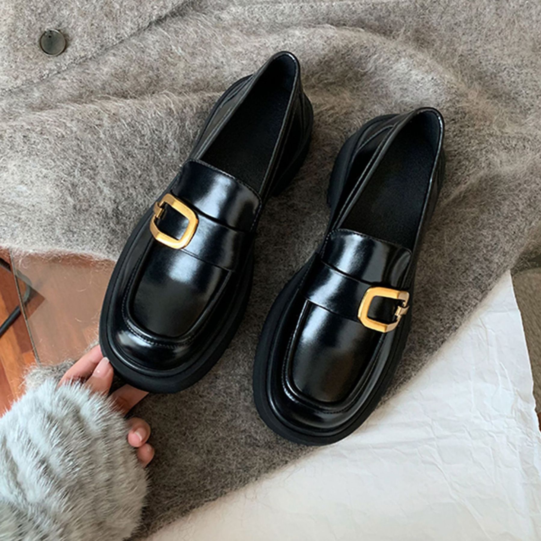 葡萄妈studiolee 英伦一字带方扣厚底粗跟方圆头乐福小皮鞋女秋冬