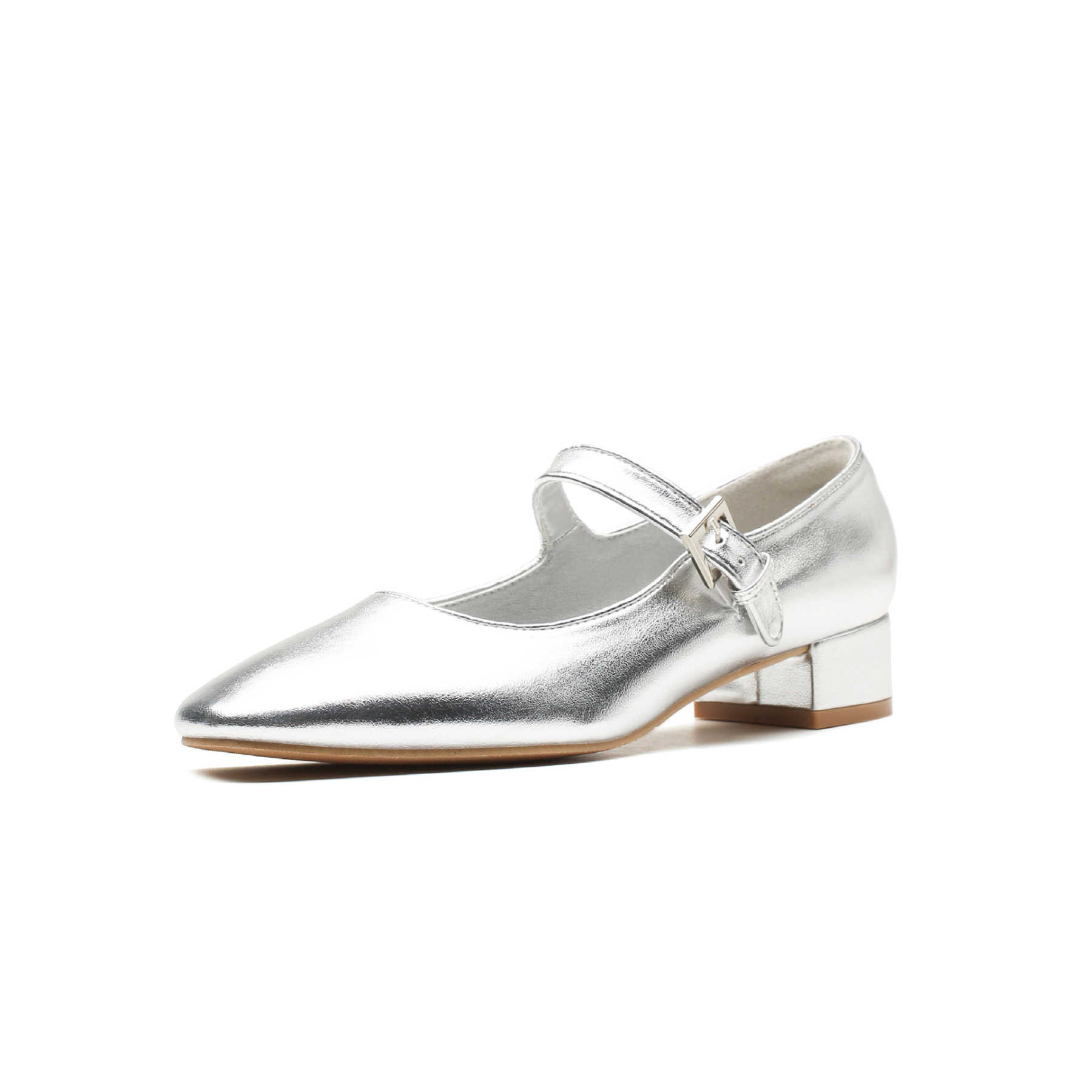 2024春季新款银色小方头一字带浅口平底单鞋简约软皮玛丽珍单鞋女
