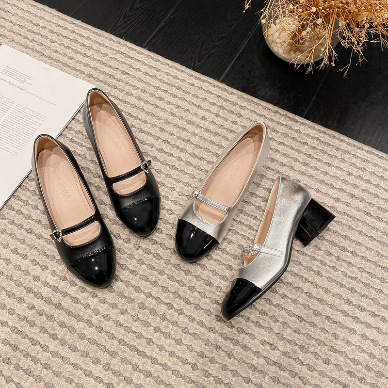 法式小香风拼色玛丽珍鞋女2024春季新款浅口一字扣带粗跟单鞋