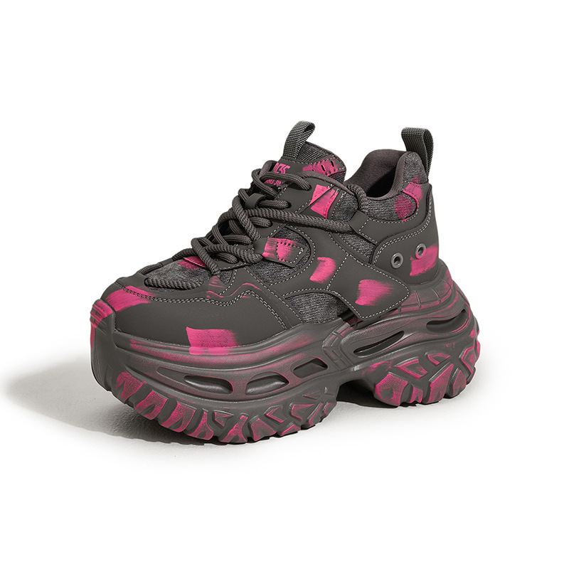 新款厚底老爹鞋女秋冬新款擦色做旧复古休闲鞋时尚百搭内增高女鞋