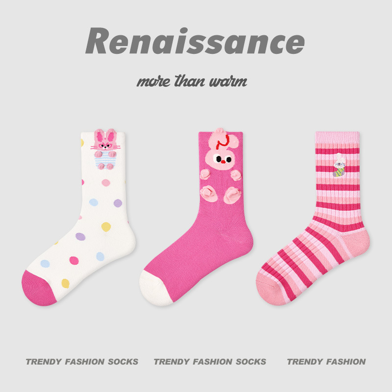 原创女袜春夏季黑白格子中筒袜卡通猫咪精梳棉袜子女