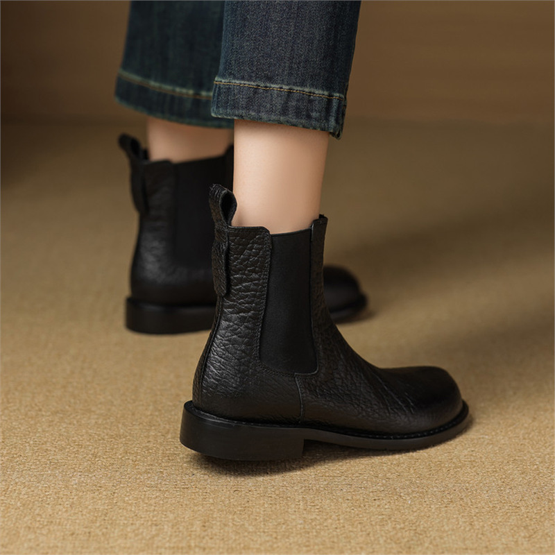 短靴女春秋单靴软底圆头低跟平底靴粗跟中跟松紧带加绒切尔西女靴