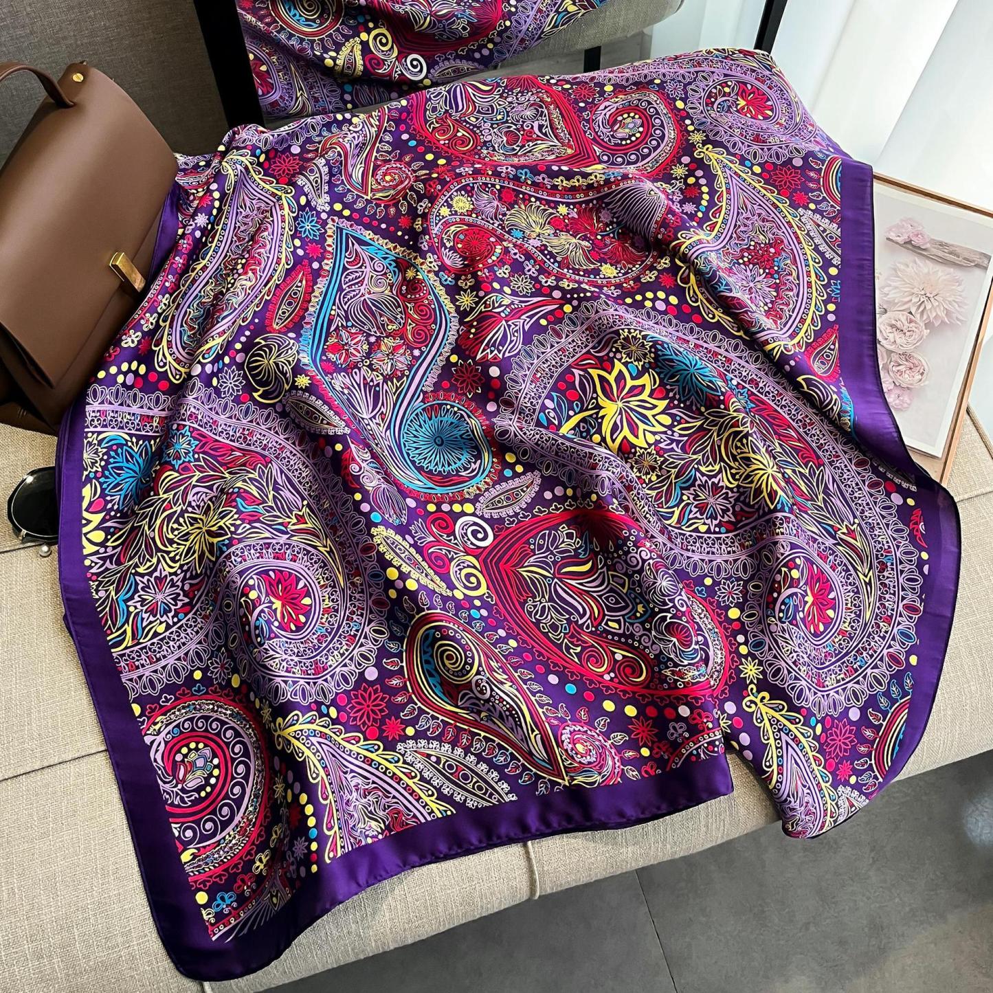 真丝丝巾女丽景锻丝巾韩版简约百搭沙滩巾外搭旅游披肩印花