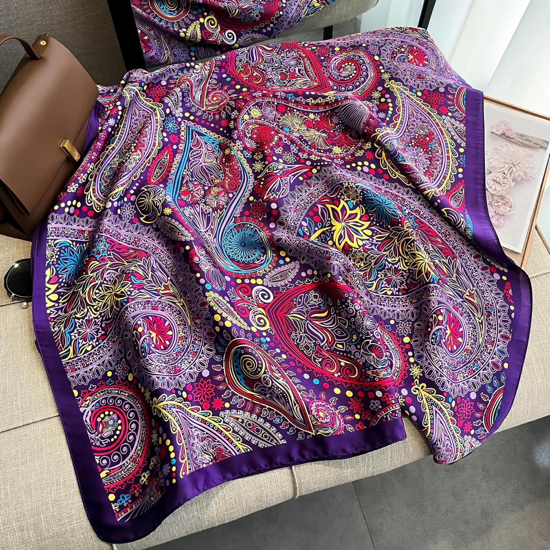 真丝丝巾女丽景锻丝巾韩版简约百搭沙滩巾外搭旅游披肩印花