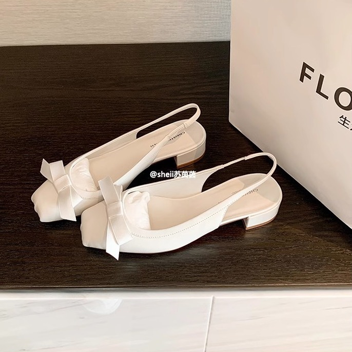 现货秒发！苏茵茵同款鞋猪鼻子小羊皮粗跟蝴蝶结芭蕾单鞋女凉鞋夏