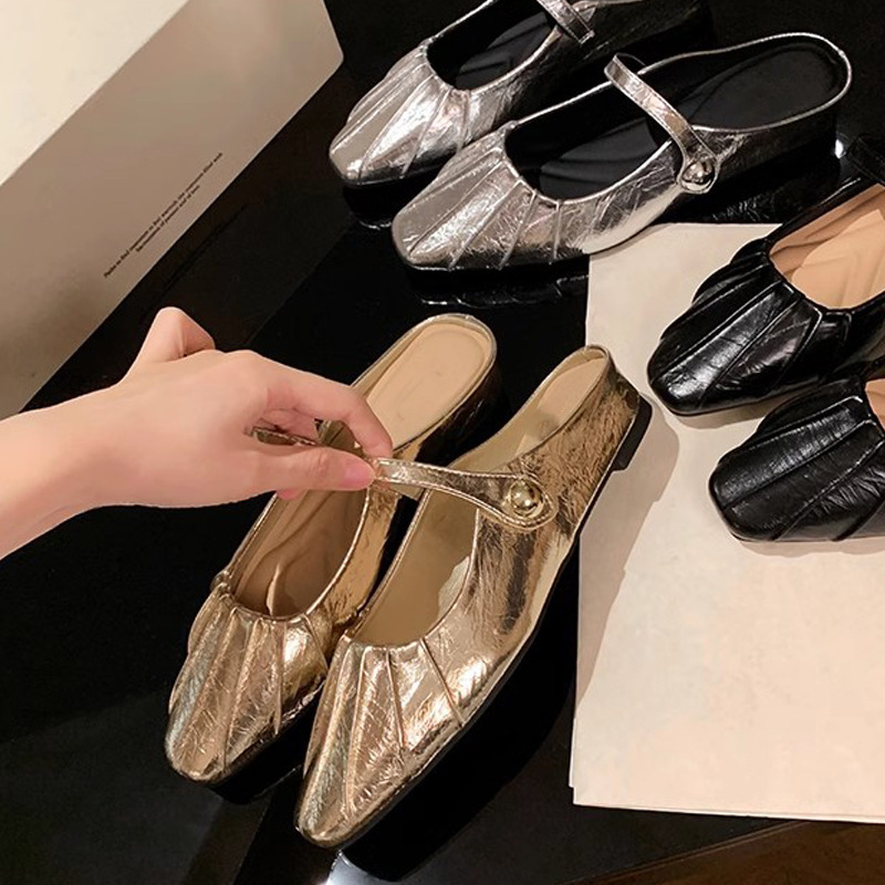 葡萄妈夏季新款气质小方头褶皱一字带浅口玛丽珍包头半拖鞋女夏