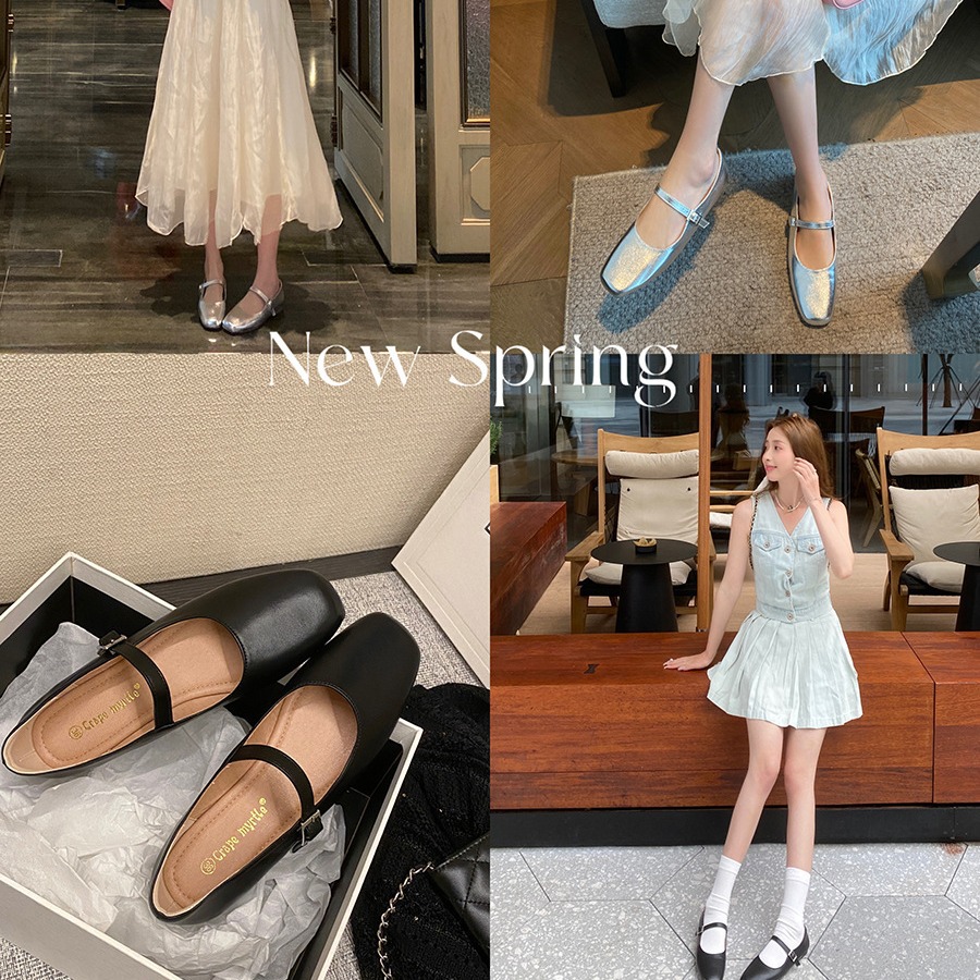 2024春季新款银色小方头一字带浅口平底单鞋简约软皮玛丽珍单鞋女