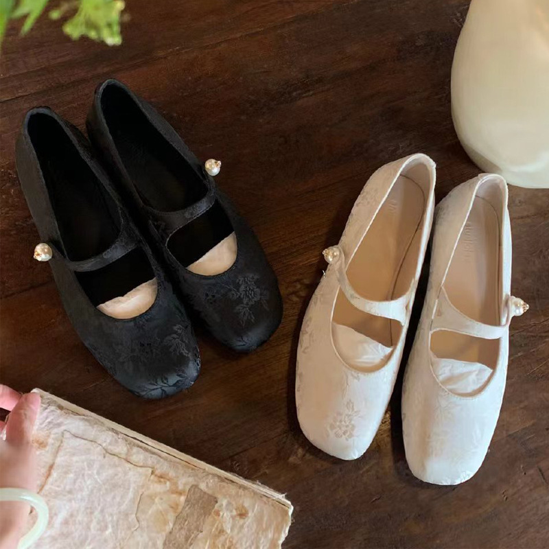 葡萄妈晚香玉~国风新中式珍珠一字带方头提花玛丽珍单鞋中跟女鞋