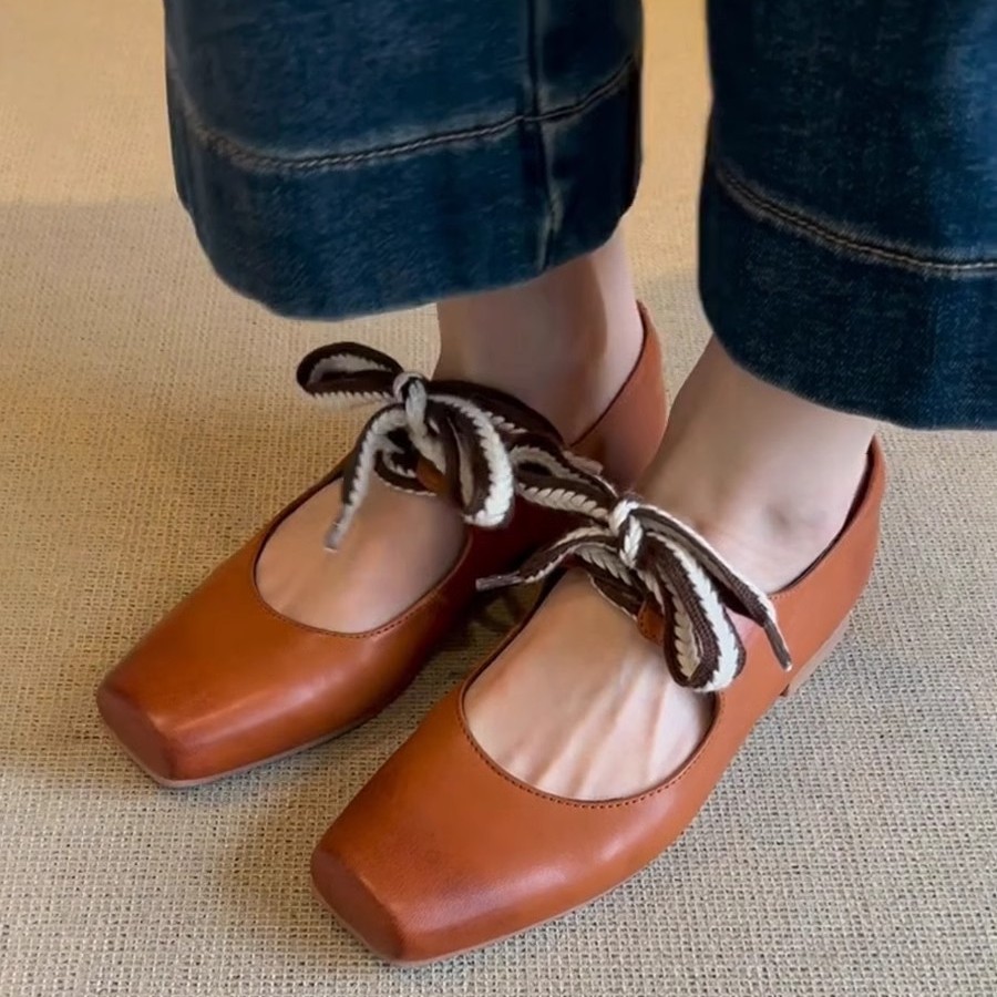 羊皮版~苏茵茵方头复古系带芭蕾舞鞋女配裙子文艺玛丽珍小皮鞋粗跟平底单鞋