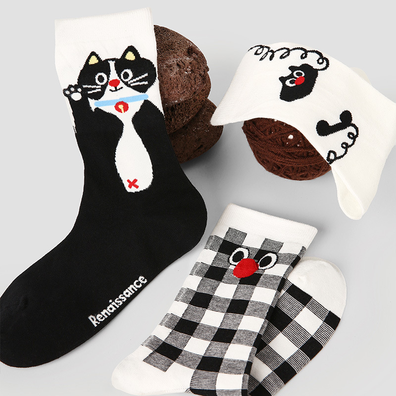 原创女袜春夏季黑白格子中筒袜卡通猫咪精梳棉袜子女