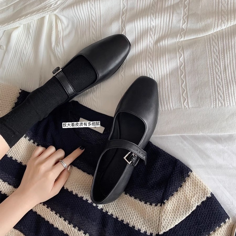 现货秒发！葡萄妈同款鞋进口羊皮极简平底一字扣带玛丽珍平底单鞋女春