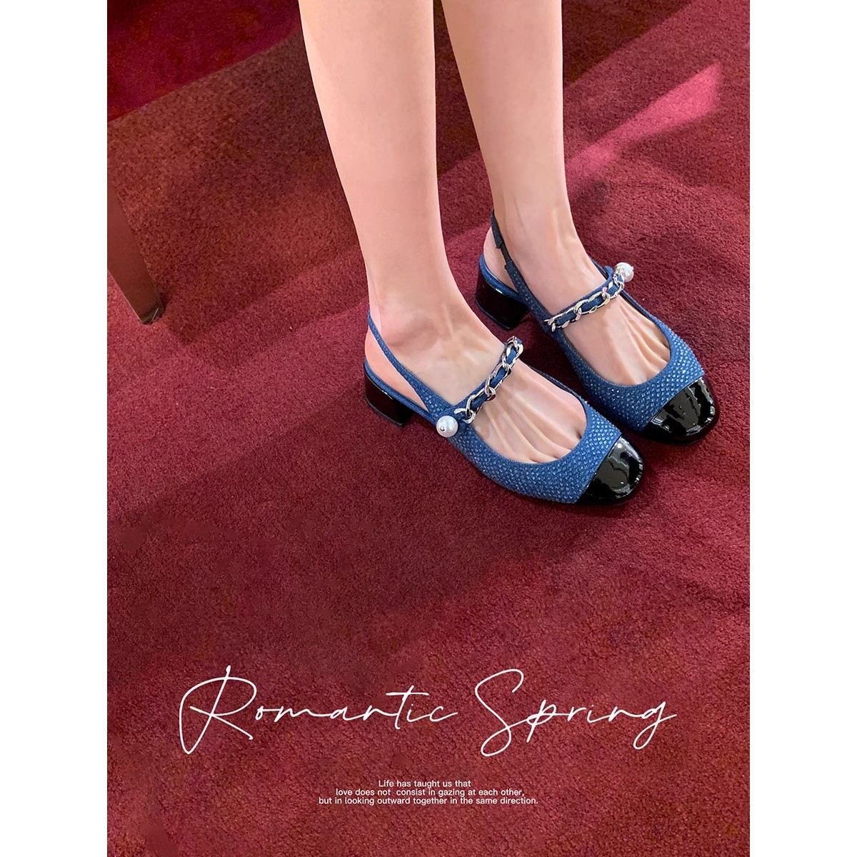 葡萄妈studiolee 加州风情~圆头拼接珍珠一字带粗跟后空玛丽珍凉鞋