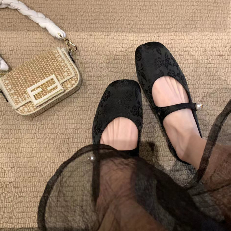 葡萄妈晚香玉~国风新中式珍珠一字带方头提花玛丽珍单鞋中跟女鞋