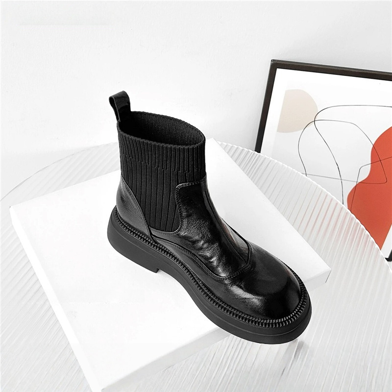 時尚簡約款 小个子4cm/软皮厚底增高短靴女秋冬新款弹力袜靴百搭瘦瘦马丁女靴