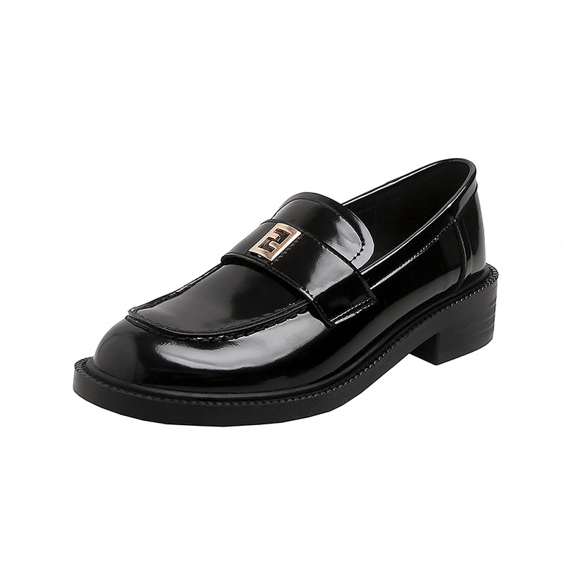 新款金色小方扣一脚蹬懒人乐福鞋真皮粗跟单鞋女小皮鞋