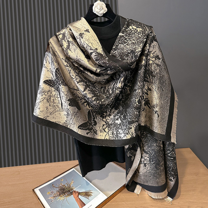 秋冬双面羊绒水墨蝴蝶飞舞素雅加厚保暖丝巾空调房护颈披肩外搭