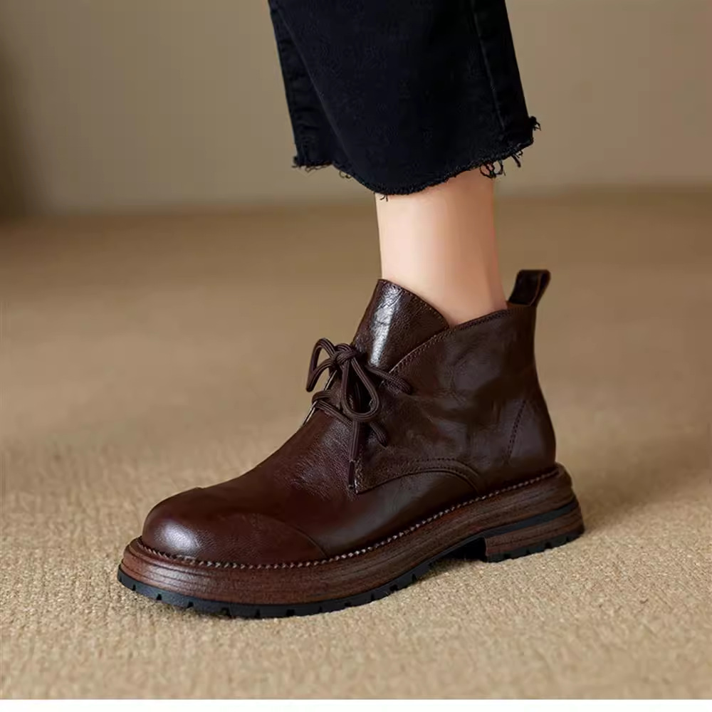 時尚簡約款小个子复古抓纹软皮系带厚底短筒马丁靴女2025秋冬新款单靴显瘦短女靴