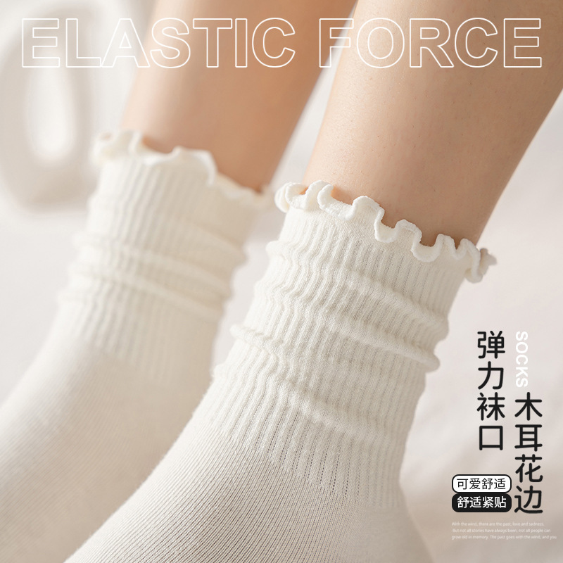 白色木耳边堆堆袜春秋薄款日系jk袜子女洛丽塔玛丽珍鞋花边中筒袜