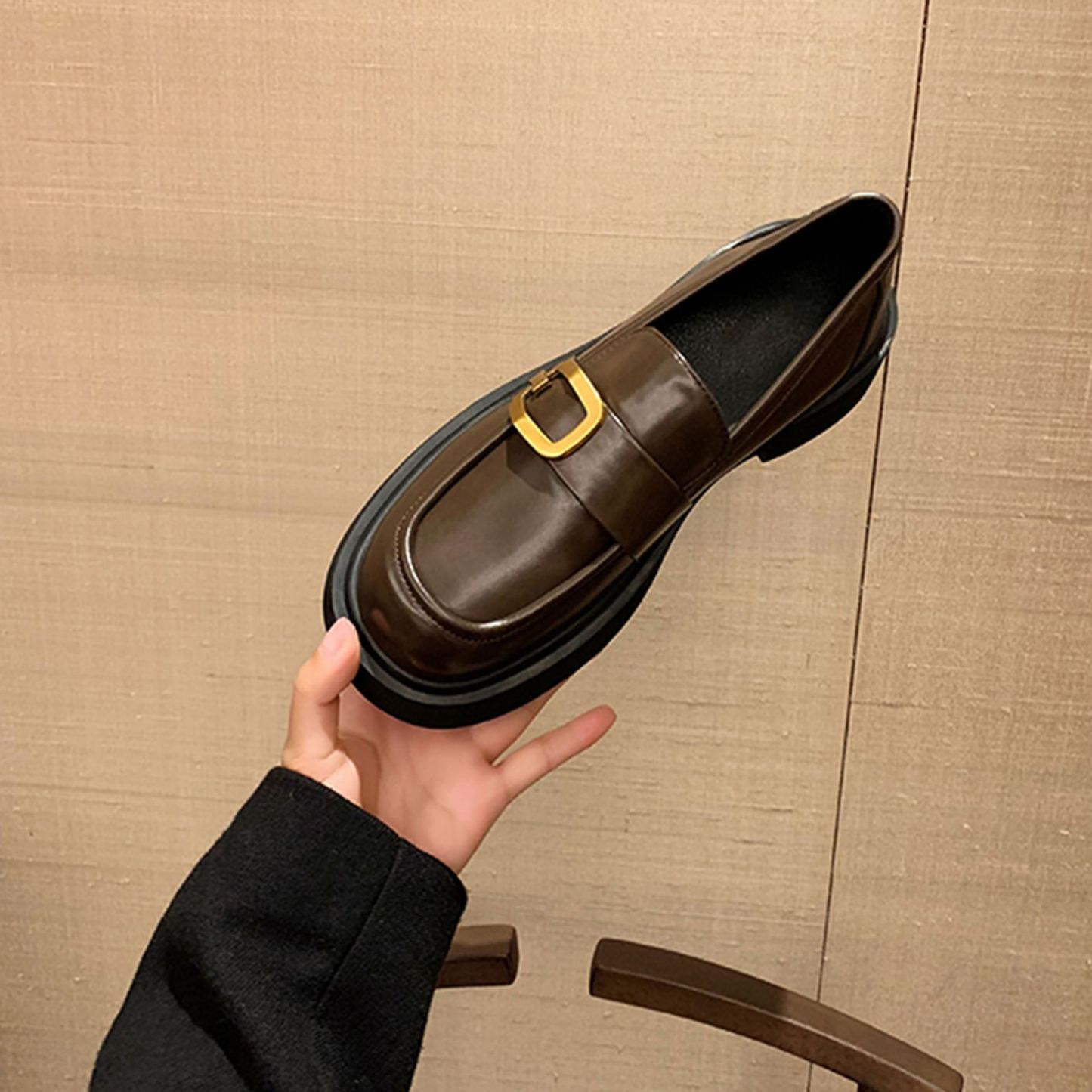 葡萄妈studiolee 英伦一字带方扣厚底粗跟方圆头乐福小皮鞋女秋冬