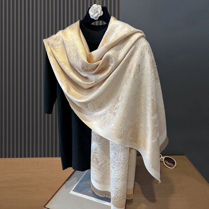 秋冬双面羊绒水墨蝴蝶飞舞素雅加厚保暖丝巾空调房护颈披肩外搭