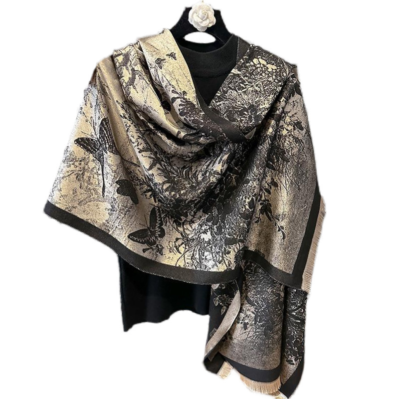秋冬双面羊绒水墨蝴蝶飞舞素雅加厚保暖丝巾空调房护颈披肩外搭