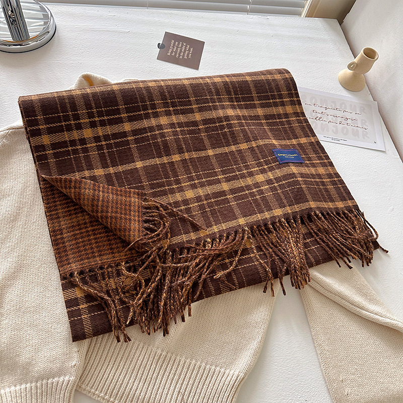 新款经典韩版双面格纹流苏围巾女冬季学院风情侣百搭保暖围脖