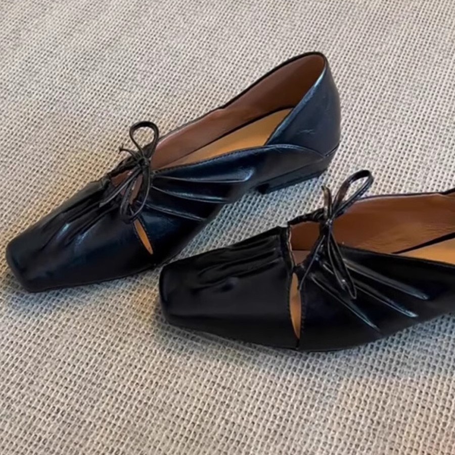 羊皮版~苏茵茵方头褶皱镂空玛丽珍鞋蝴蝶结法式气质低跟平底单鞋浅口小皮鞋