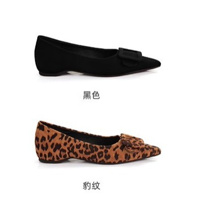 葡萄妈春季新款气质小尖头通勤方扣百搭绒面浅口豹纹单鞋女新款