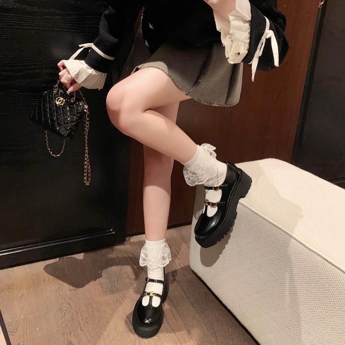 葡萄妈同款鞋凯旋门金扣圆头粗跟厚底丁字搭扣乐福鞋女