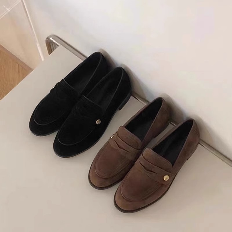 现货秒发！葡妈妈复古英伦风绒面百搭小金扣乐福鞋女粗跟圆头一脚蹬单鞋