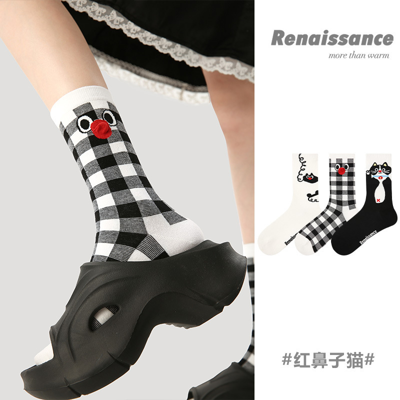 原创女袜春夏季黑白格子中筒袜卡通猫咪精梳棉袜子女