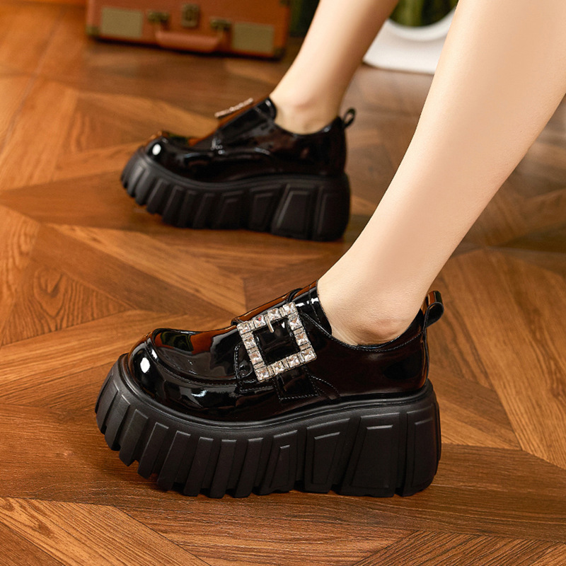 厚底乐福女春季新款黑色松糕小皮鞋时尚百搭小个子内增高女鞋