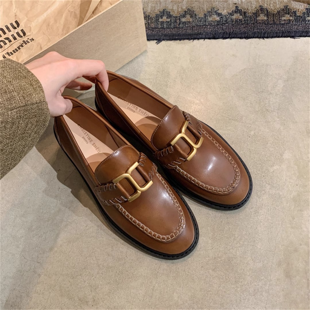 苏茵茵同款鞋英伦复古金扣牛皮懒人乐福单鞋女小皮鞋秋