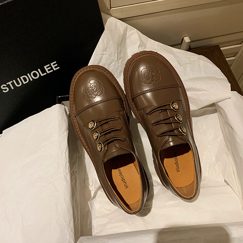 英伦金属扣复古刺绣乐福鞋春季圆头粗跟厚底小皮鞋单鞋女